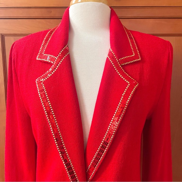 St.John Elegant Embellished Knit Cardigan Jacket In Bright Strawberry Red Color - Picture 3 of 13